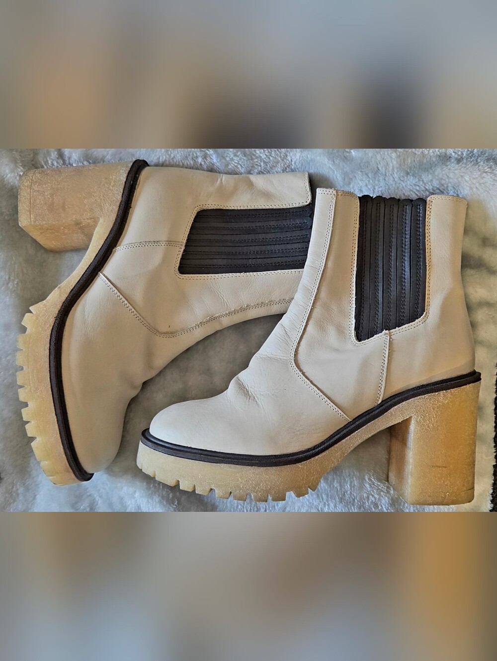 Free People Cream and Black Chelsea Lug Boots